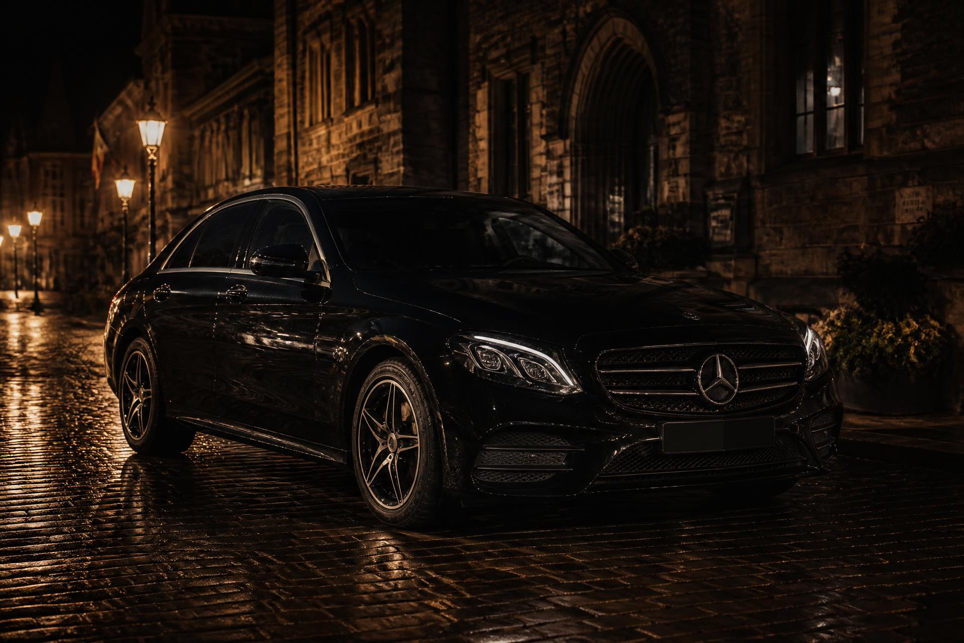 Mercedes noire Taxi Citadelle dans les rues de Namur la nuit
